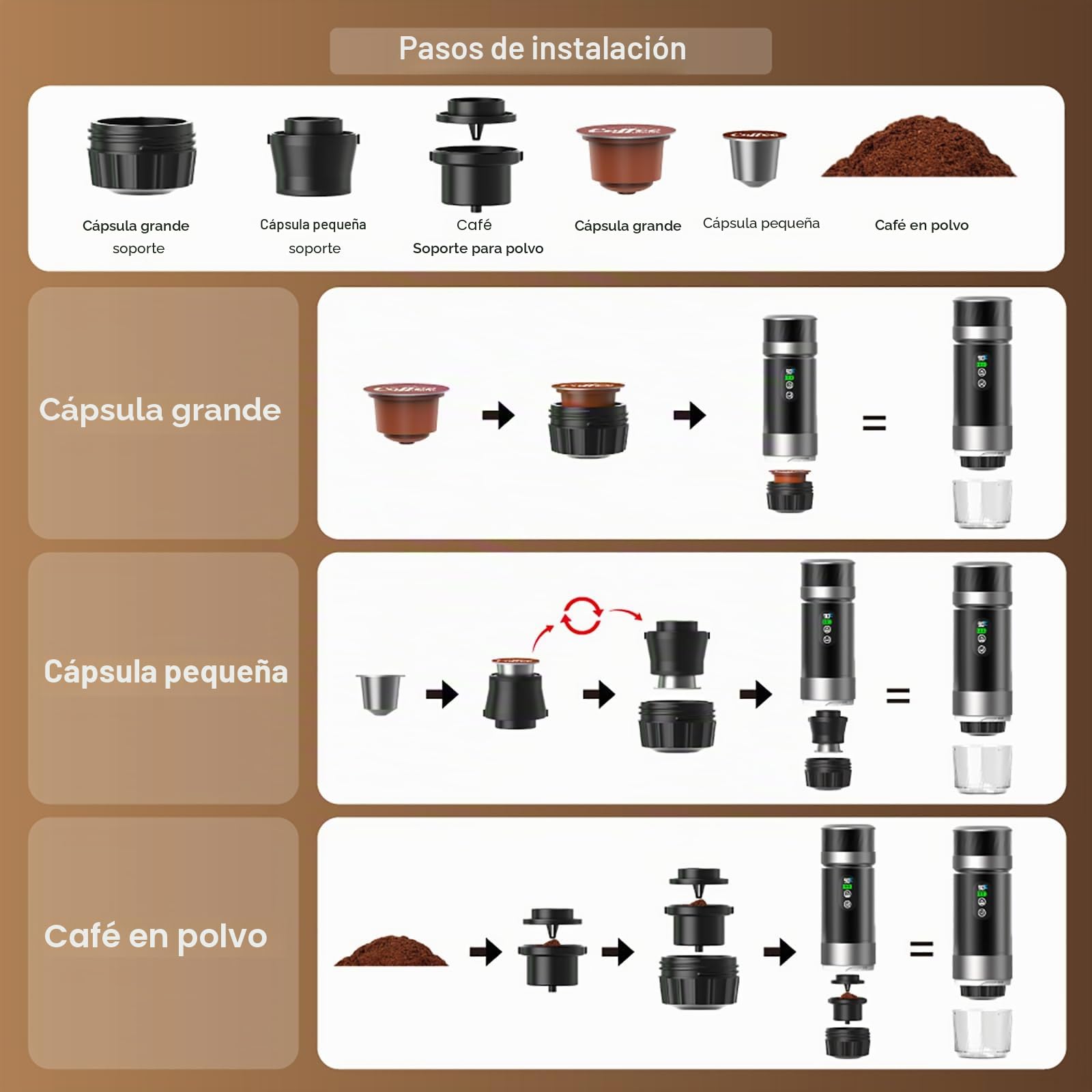 VHV Mini máquina de café inalámbrica de 90 ml, 3 en 1, con USB, compatible con cápsulas y café molido, gadgets de autocaravana y regalos de camping (gris)