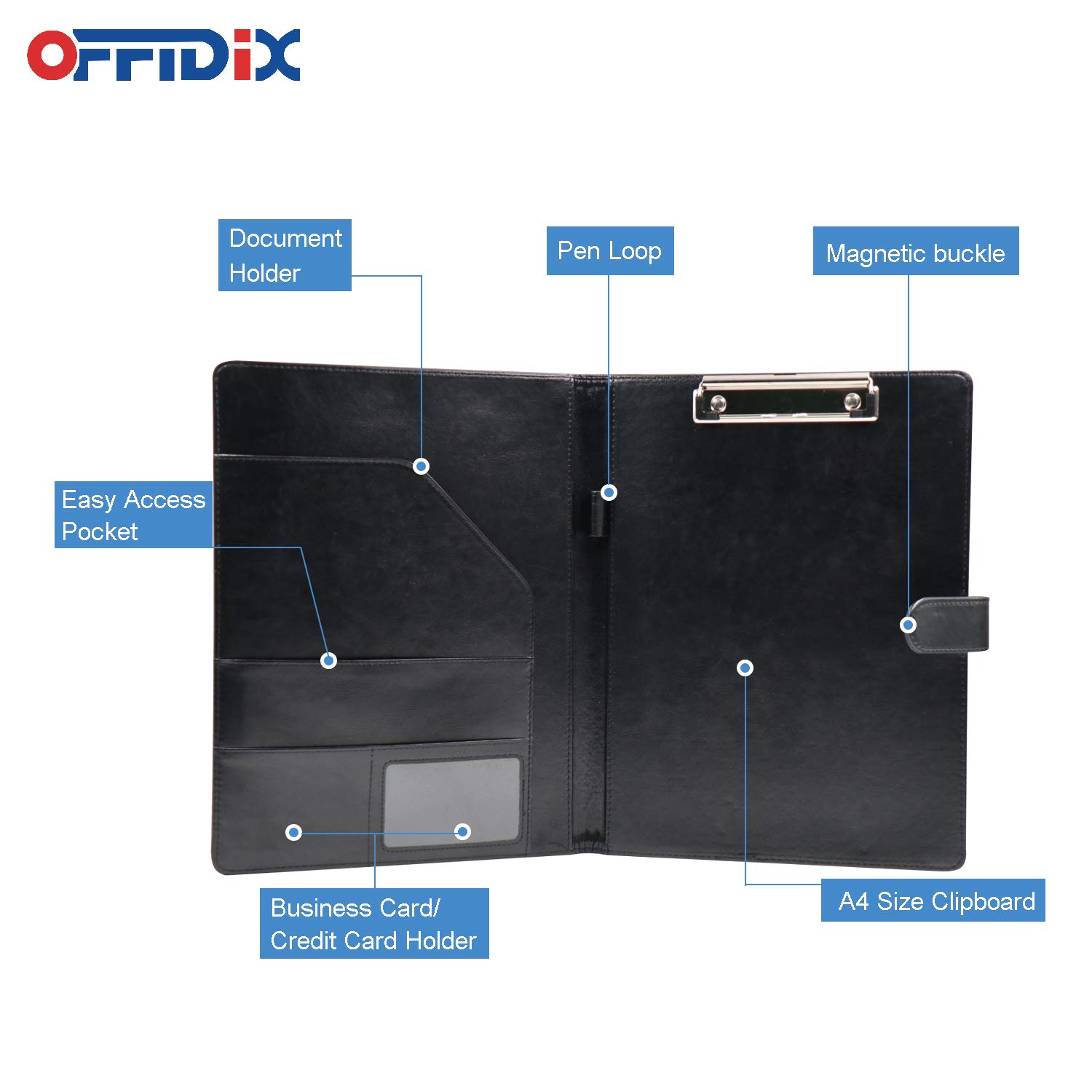 OFFIDIX Cuir PU Dossier Portfolio Presse-papiers A4 Dossier Portfolio Travail Rédaction Repli Presse-papiers Pliable (Noir)