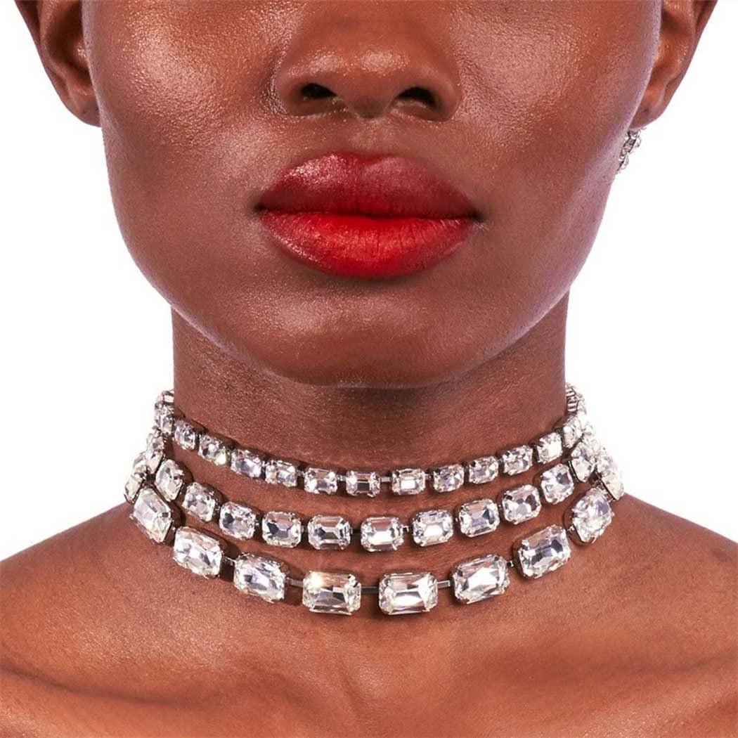 Jonky Boho Layered Rhinestone Choker Necklace Silver Crystal