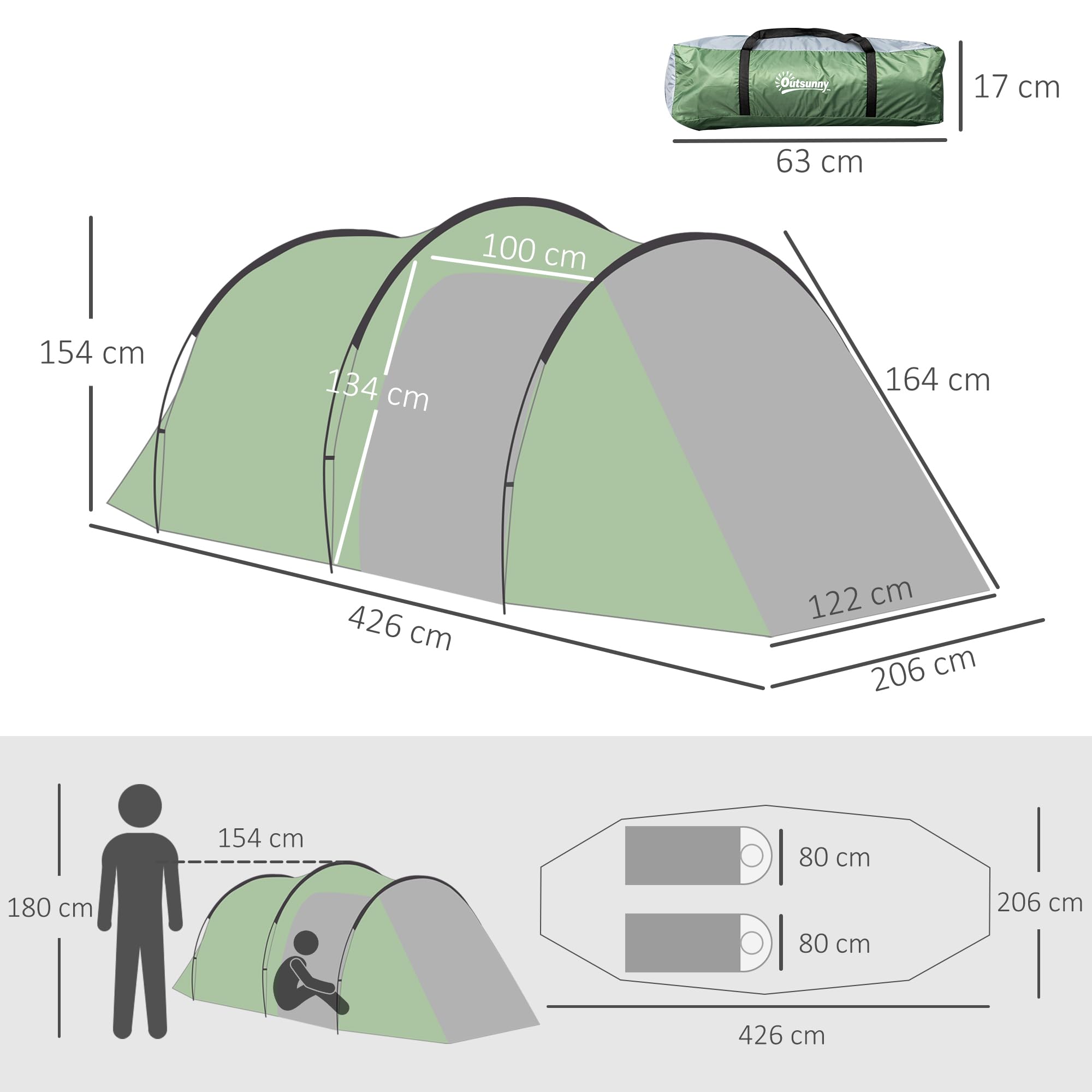 Outsunny Tienda de campaña para 2-3 Personas Estable Tienda de Familia Impermeable con Ventana de la Puerta Lateral Bolsa de Embalaje, Tienda de campaña con 2000mm Columna de Agua túnel Tienda de