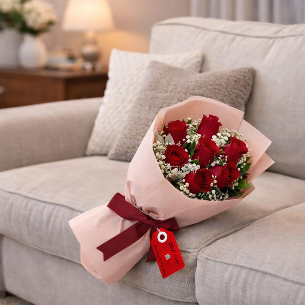 EG2i 10 Red Roses with Green Fillers Real Bunch | Handpicked Fresh Flowers Bouquet for Birthday, Anniversary, Valentine’s Day & Special Occasions|Elegant Gift Pink Wrap & Red Ribbon| Same-Day Delivery