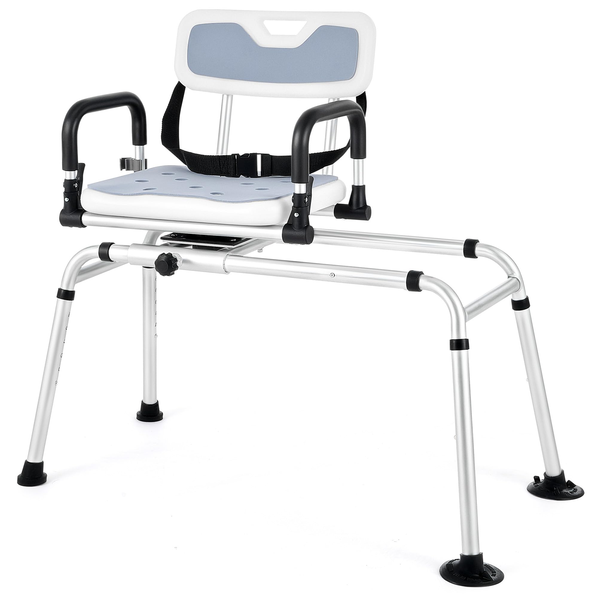 CO-Z Silla de ducha giratoria de 360°, Silla de bañera de 12 niveles con silla deslizante, con capacidad de 150 kg con agujeros de drenaje, cinturón de seguridad, apoyabrazos extraíbles para personas