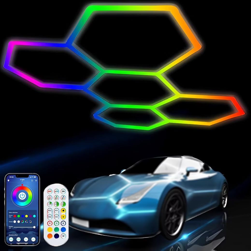 YhsPkAh New Rgb Hexagon Lights with Remote Control, Hex LED Garage Light, With Music Mode Hexagon Ceiling LED Lights, For Basement Gym Bar Decor
