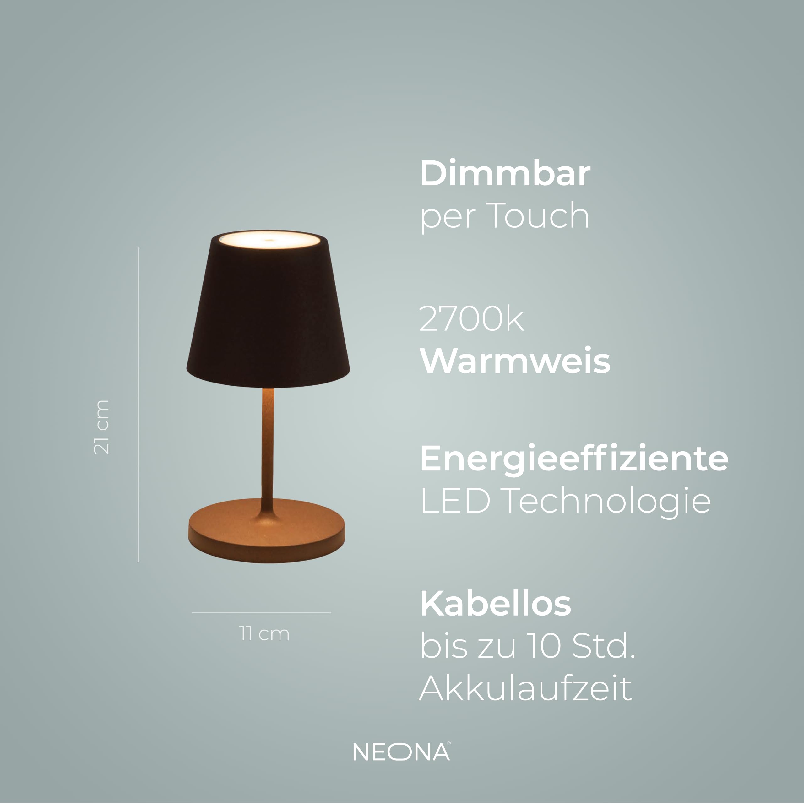 NEONA AVA LED-Tischleuchte (kabellos, Akku + Ladestation) – Touch-Dimmung, IP54 wetterfest, Warmweiß 2700 K, 10 Std. Laufzeit – moderne Ambientebeleuchtung (Rostbraun)
