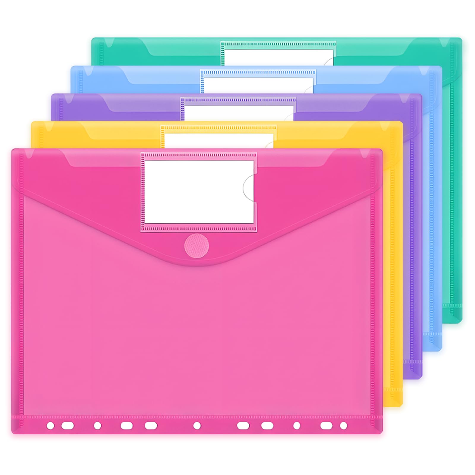 JEFURE A4 Plastic Wallets 5PCS, 11-Hole Waterproof Plastic File Folders, Document Folder Wallets with Label Pocket for Document and Office Supplies Organization, 5 Colors