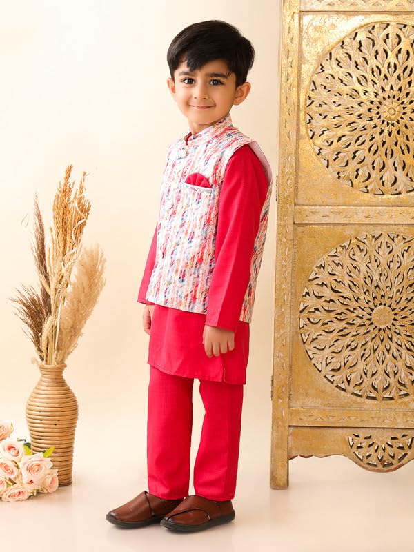 Image of superminis Boys Cotton Printed Full Sleeves Kurta Pyjama with Jacket Ethnic Wear Set
