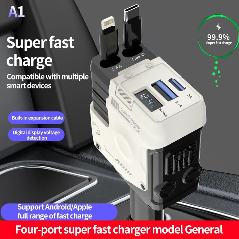 [2025 Upgraded]Retractable Car Charger 4 in 1, with 2 Cables, Supports Super Fast Charging(Max 66W), 2 USB Ports Car Charger Adapter for iPhone 16/15/14/13/12/11 Pro Max, Fold6/5/S25/24, Pixel (White)