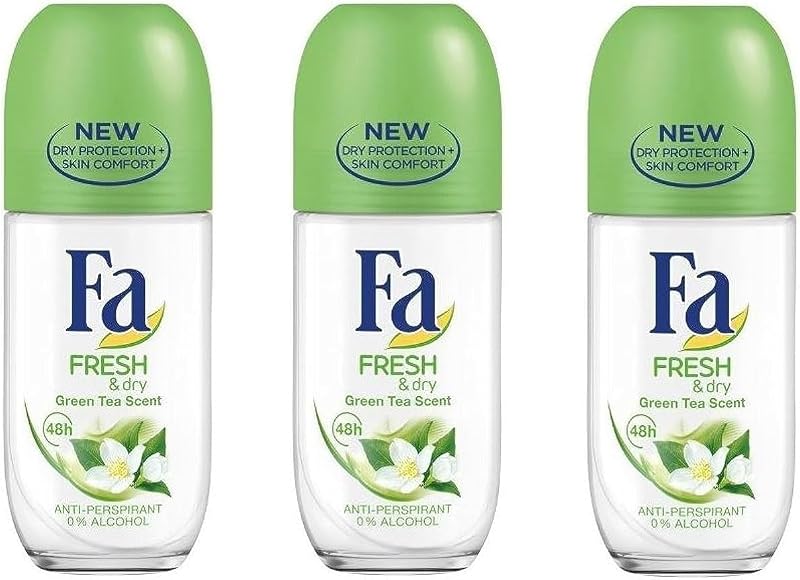 Desodorante antitranspirante roll-on Fa Fresh & Dry com fragrância de chá verde, Pacote com 3 frascos de 50 mL