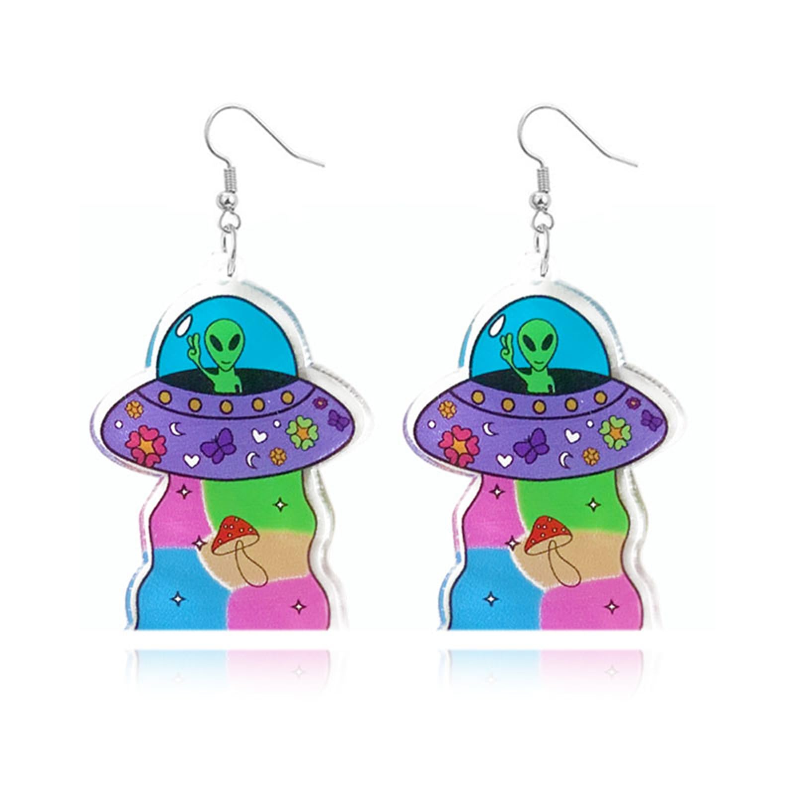 UFO Aliens Earrings Cartoon Cosmos Weird Earrings Fun Cute UFO Space Dangle Earrings Acrylic Alien Earrings for Women Funny Novelty Earrings Jewelry