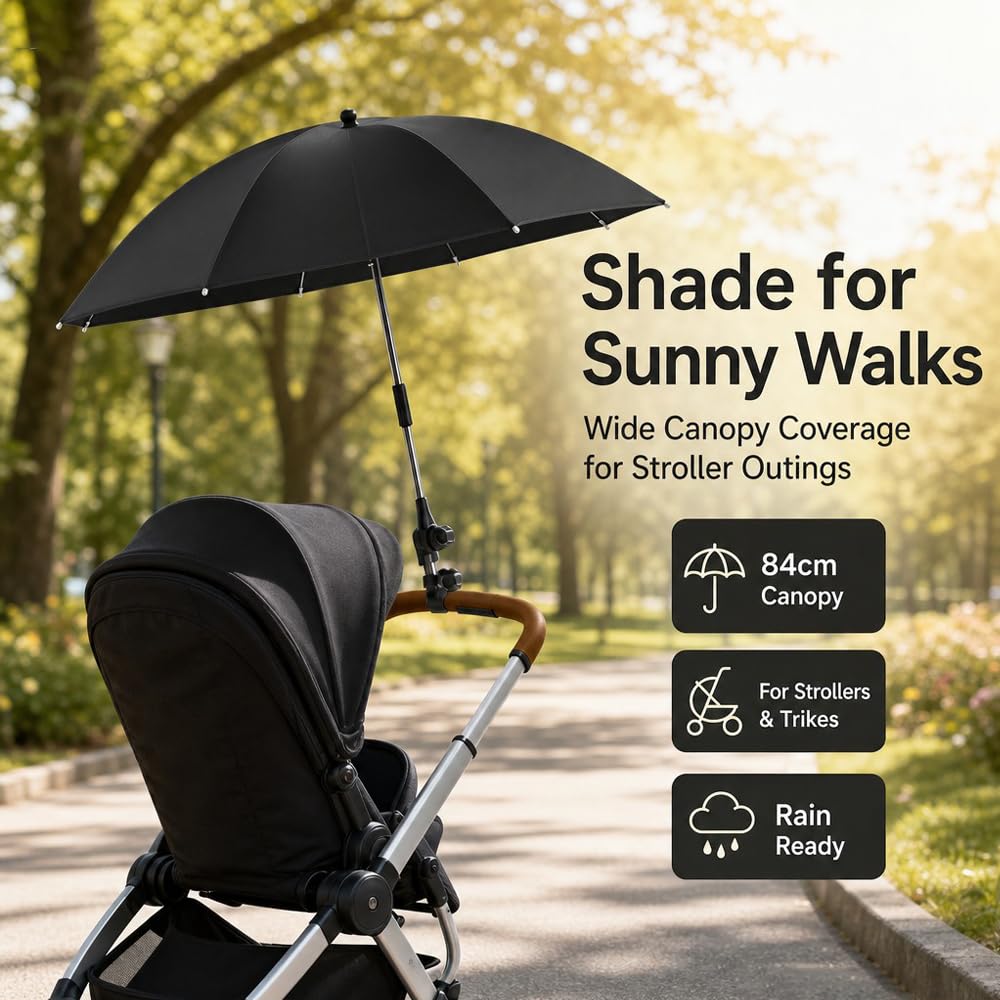 Universal Sonnenschirm für Kinderwagen Buggy,UPF50+,85 cm Durchmesser,Sonnenschutz Kinderwagen,Sonnenschutz Buggy mit flexibler Universalhalterung Modell (Beige)