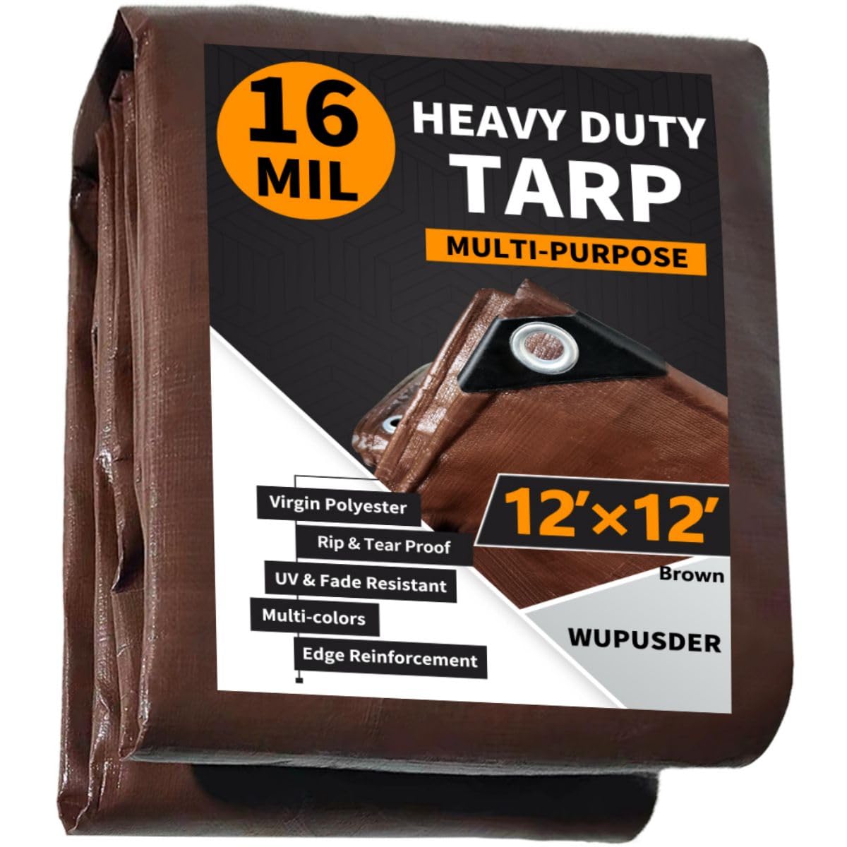 WUPUSDER Heavy Duty Waterproof 16Mil Poly Tarp 12x12ft Brown