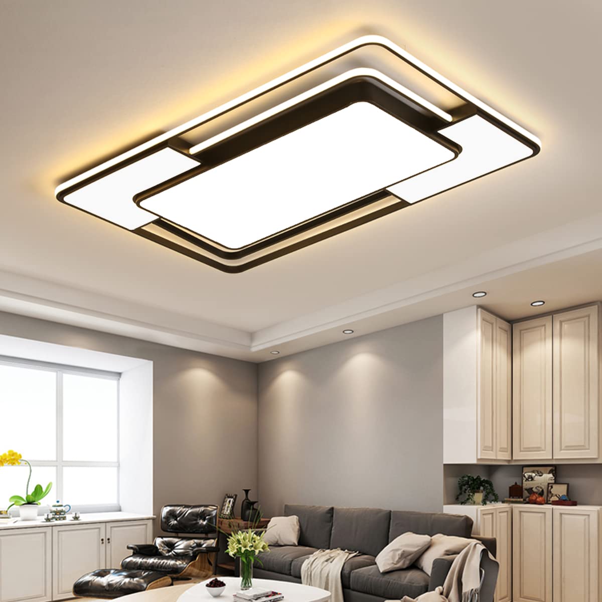 150W LED Deckenleuchte voll dimmbar mit Fernbedienung 3000-6000K | Rechteckige Deckenleuchte aus Metall, modern Lampe für Wohnzimmer Schlafzimmer Büro,Schwarz(90x60x6cm)