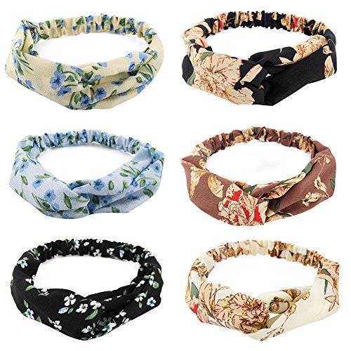 Yeshan Women and Girls Elastic Floral Print Criss Cross twist Headbands/Bandana/Turban/Headwrap Knotted Yoga Sports Hairband,pack of 6