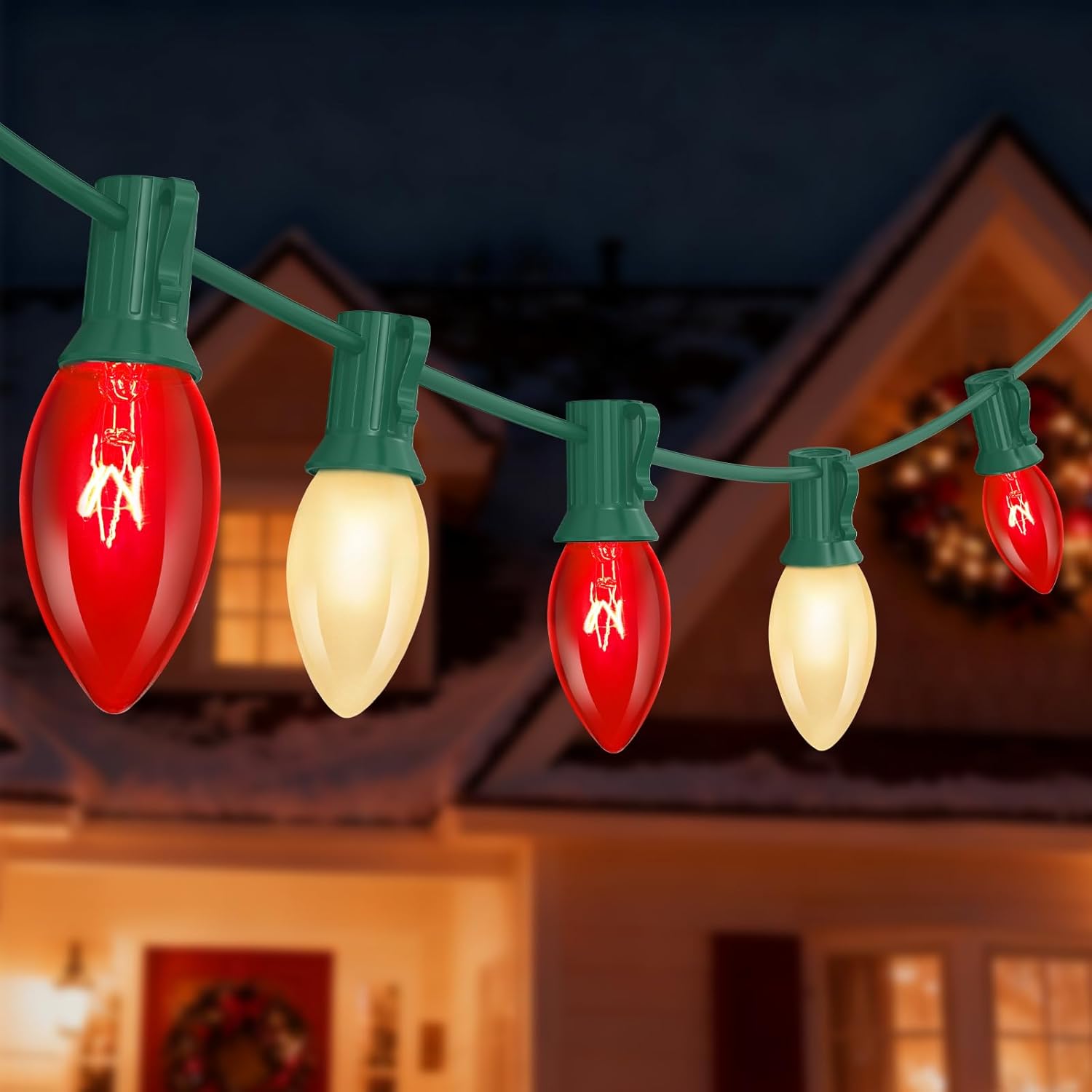 Oviejo C9 Christmas Red& White String Lights with 26 Red & White Incandescent Bulbs, Outdoor Multicolored Christmas Lights Waterproof for Party Garden Wedding Bistro Roofline Decor