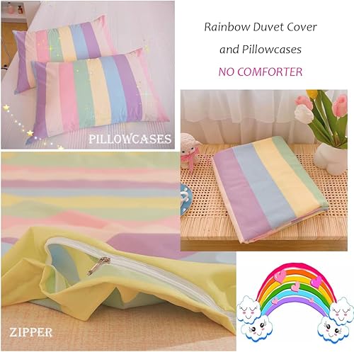 Miniatura 6 de Koudi Juego de funda de edredón de rayas arco iris, juego de ropa de cama reversible de microfibra colorida con lazos de cremallera para niñas