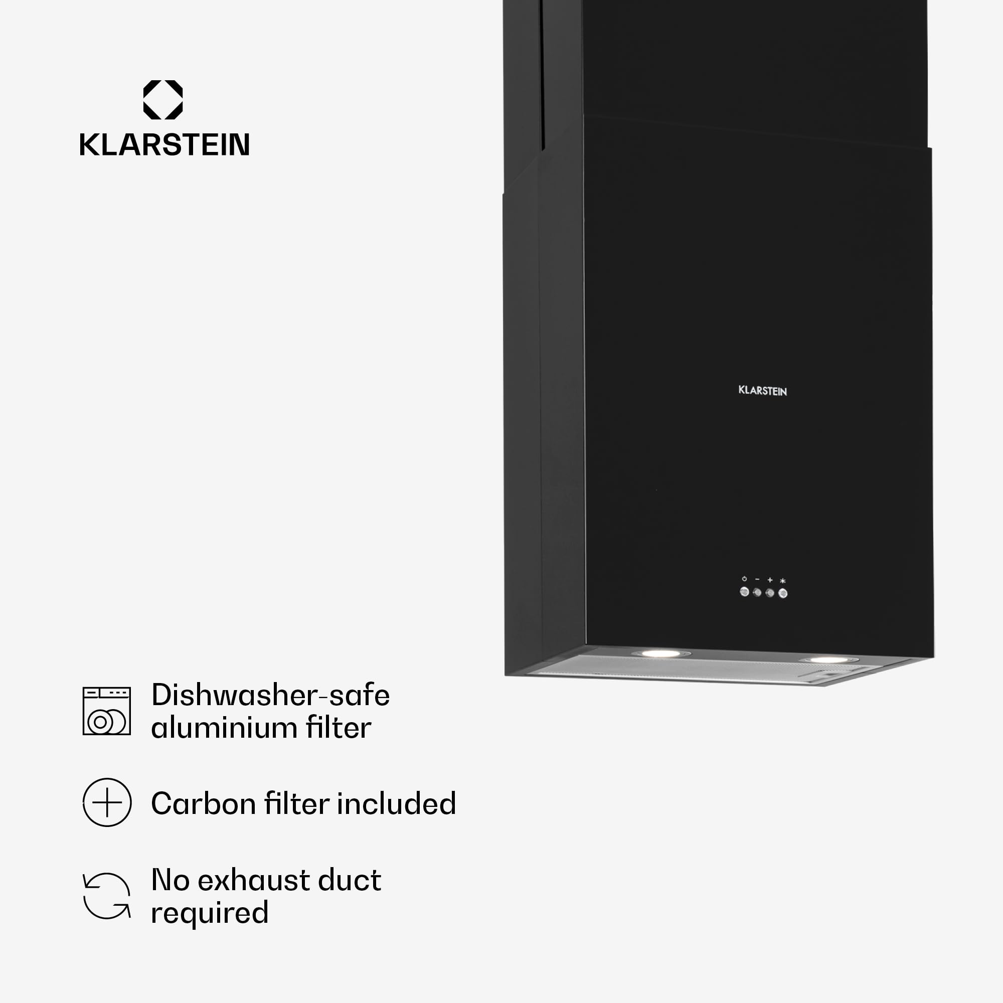 Klarstein Okap kuchenny, Okap wyspowy wiszący, wyciągowy/z recyrkulacją, Nowoczesny z 3 biegami, Timer, Przepływ 624 m³/h, Filtr węglowy, Wydajny wyspowy, Czarny