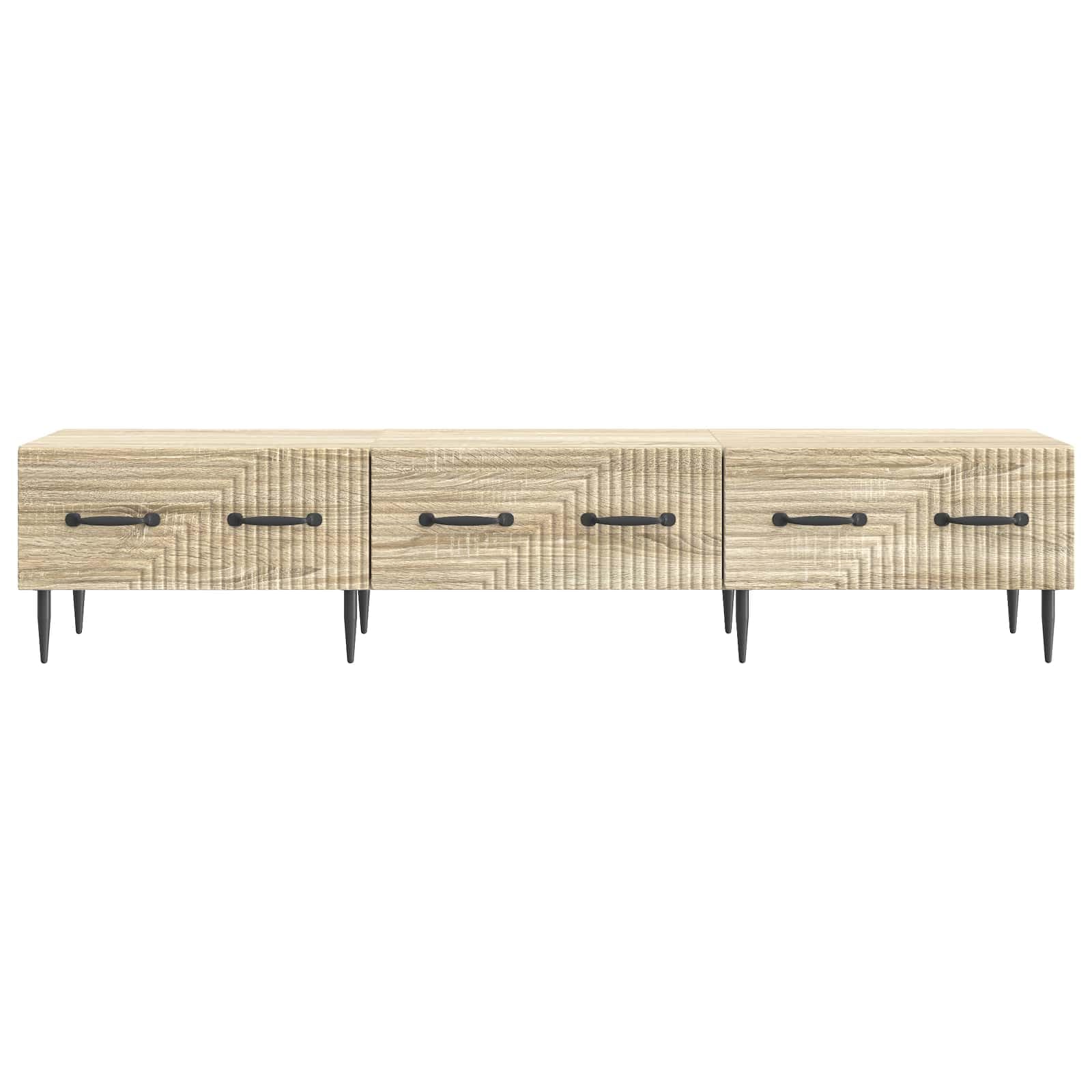 SYDE Mobile TV con cassetto, rovere Sonoma, 147 x 34,5 x 30 cm | Legno resistente, stile vintage, gambe coniche, maniglie nere, superficie per TV da 60 pollici