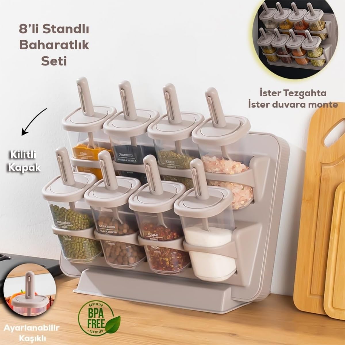 Deinhaus 8'li Standlı Baharatlık Seti, Tezgah Üstü ve Duvara Monte, Kilitli Kapak, Şeffaf Kavanozlar, BPA İçermez, Modern Minimalist, Bej/Gri