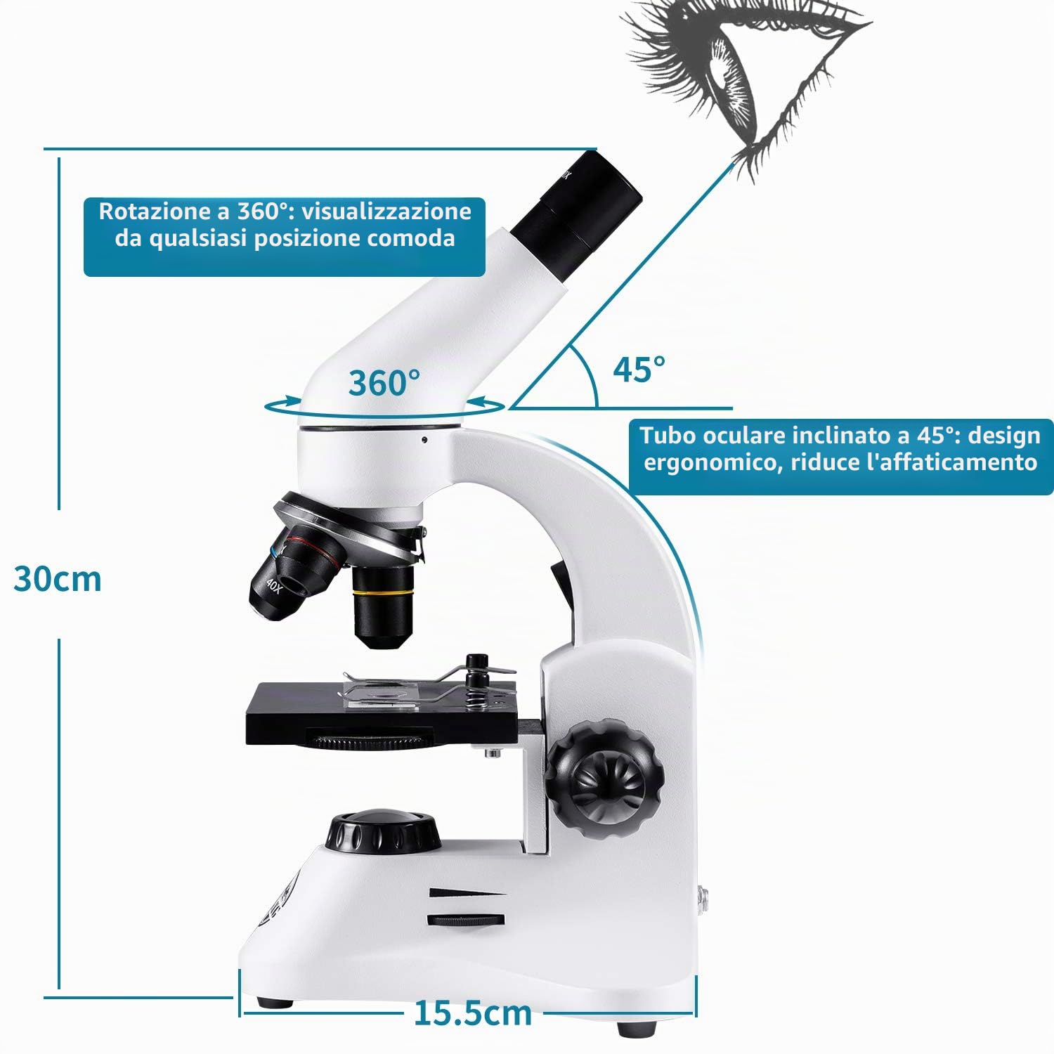 2000X Microscopio Ottico Professionale, Microscopi Monoculari Composti Biologici per Bambini e Studenti e Adulti