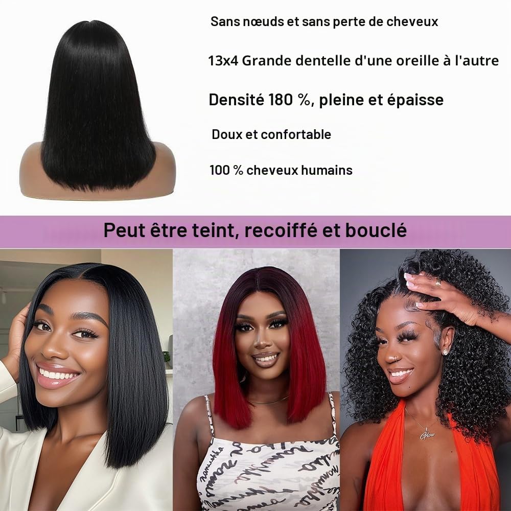 Perruque Bresilienn Cheveux Humain 13×4 Lace Frontal Bob Wig 180% Density Perruque Femme Naturelle Courte Straight Bob Lace Wig Human Hair Couleur Naturelle 14 Pouces for Women
