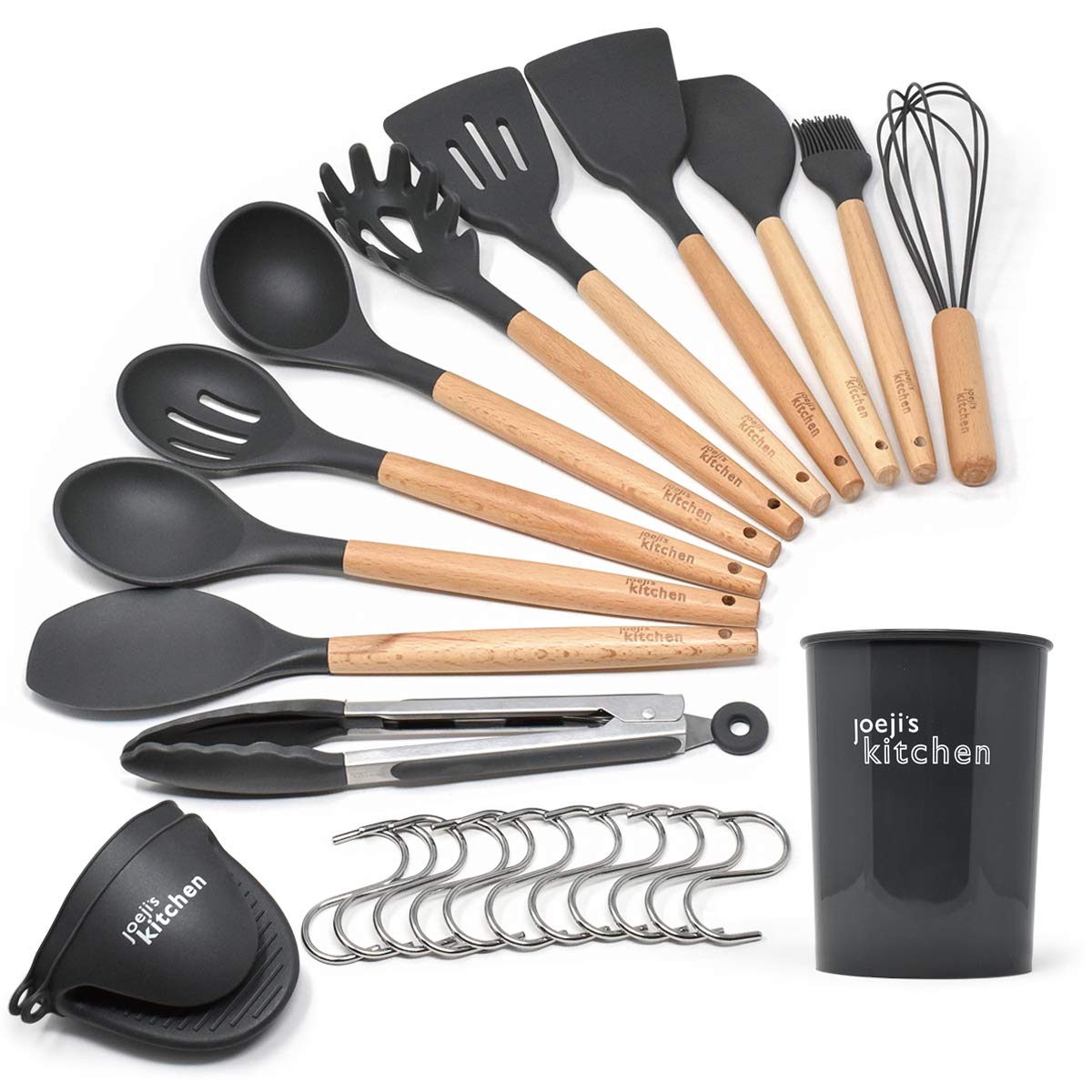 Kit De 25 Ustensiles De Cuisine En Silicone Et Bois - Ustensiles Gris Résistants à La Chaleur (230°C) - Set Complet Avec Porte