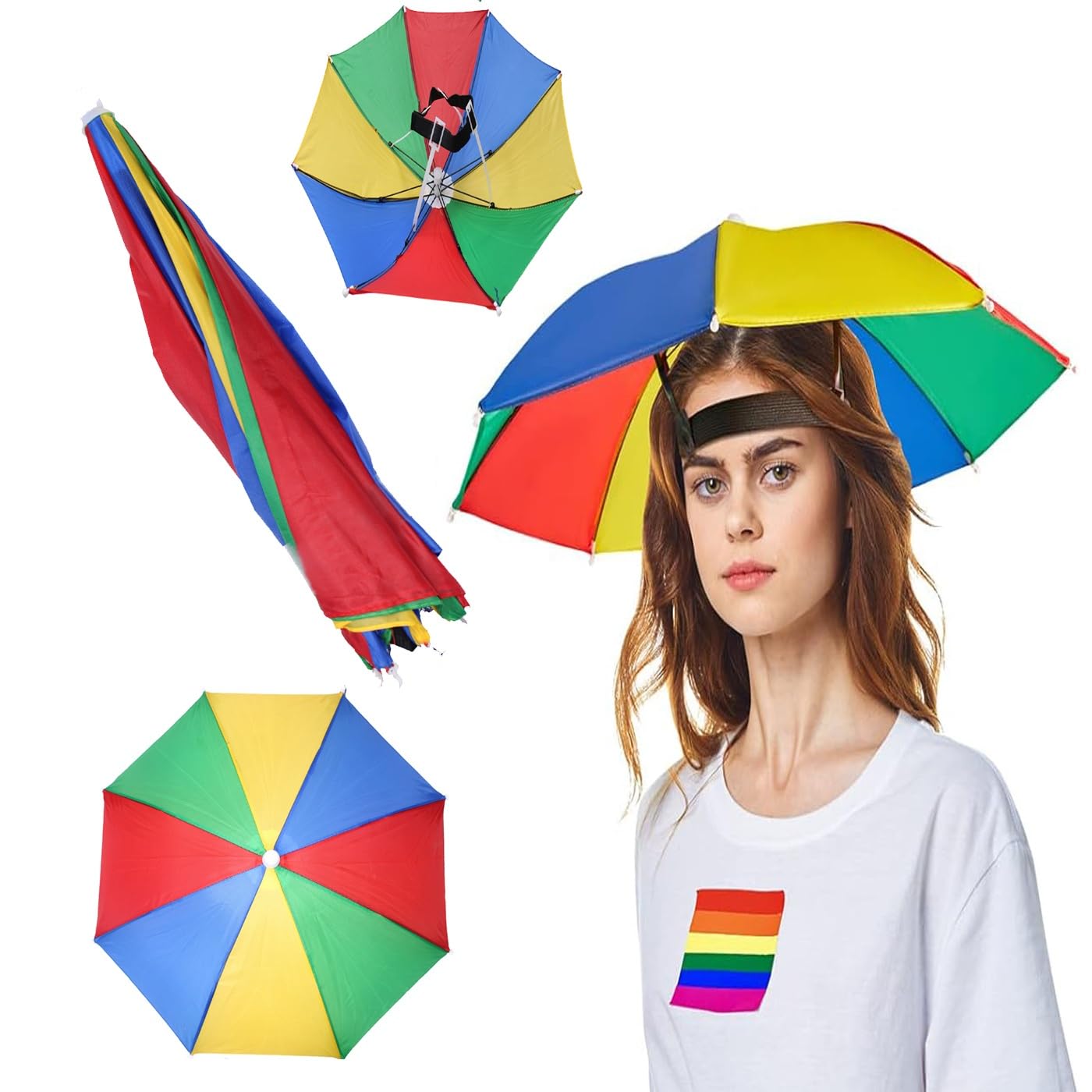 Prime Rain & Sun Protection Rainbow Umbrella Hat For Adults And Kids For Summer Party Favors Hiking Camping Beach Pack Of 1 (Random Color)