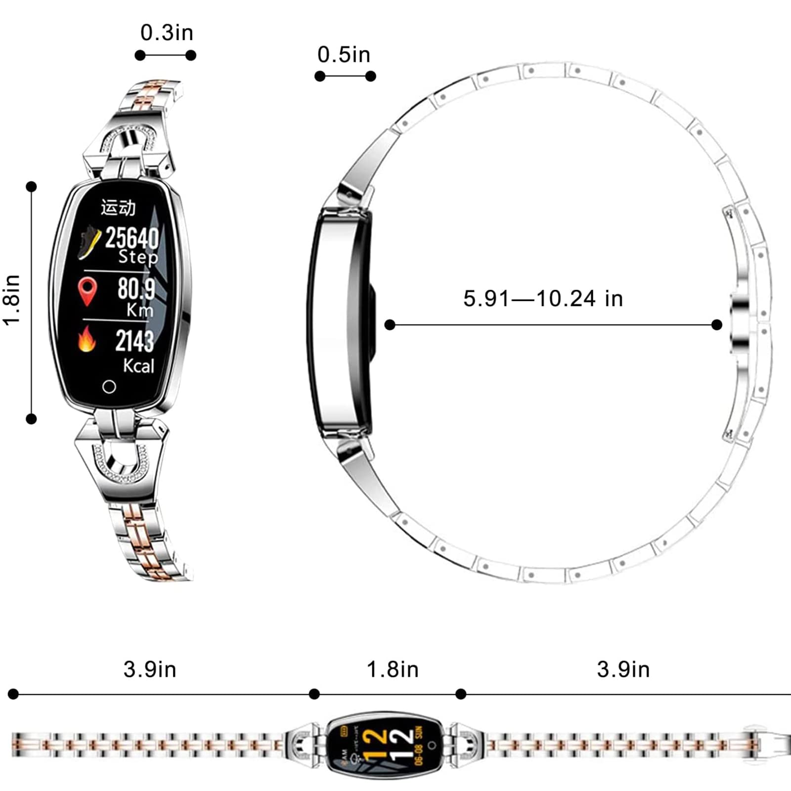 Damski smartwatch, modny ekran dotykowy, wodoodporny IP67, monitor aktywności z monitorem tętna, monitor snu dla systemu Android iOS, czarny