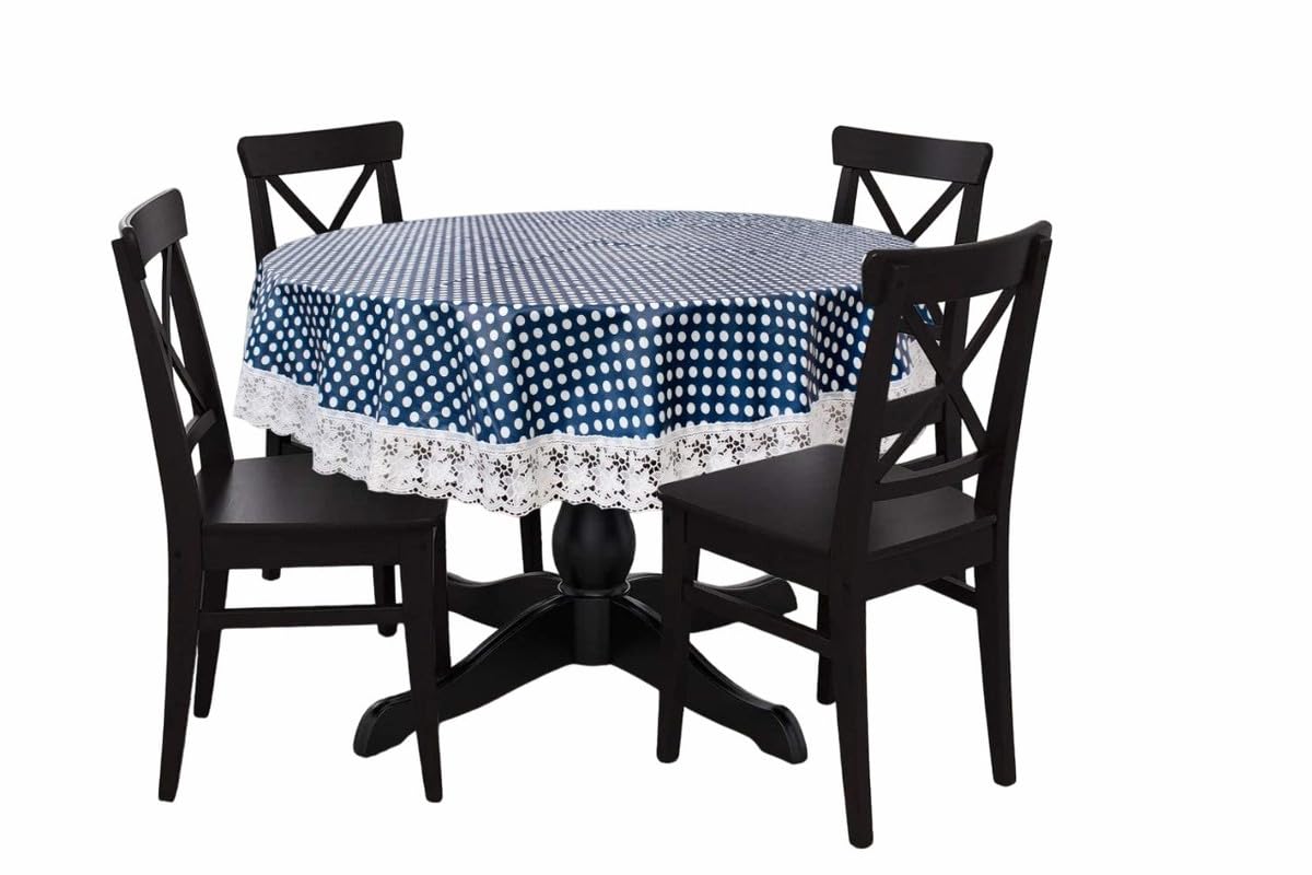 Center & Dining Table Cover Navy Blue Color Polka Dots Printed Table Cloth with White Lace - Waterpoof & Dustproof Round Shape Table Cloth (60" Round)-Table Cloth Navy Blue 46-image-13