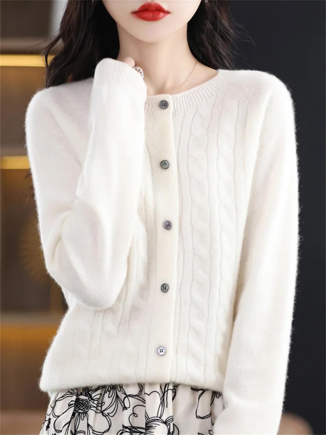 Maglione di lana merino del cachemire del O-Collo delle donne del cardigan lavorato a maglia maglieria ritorta