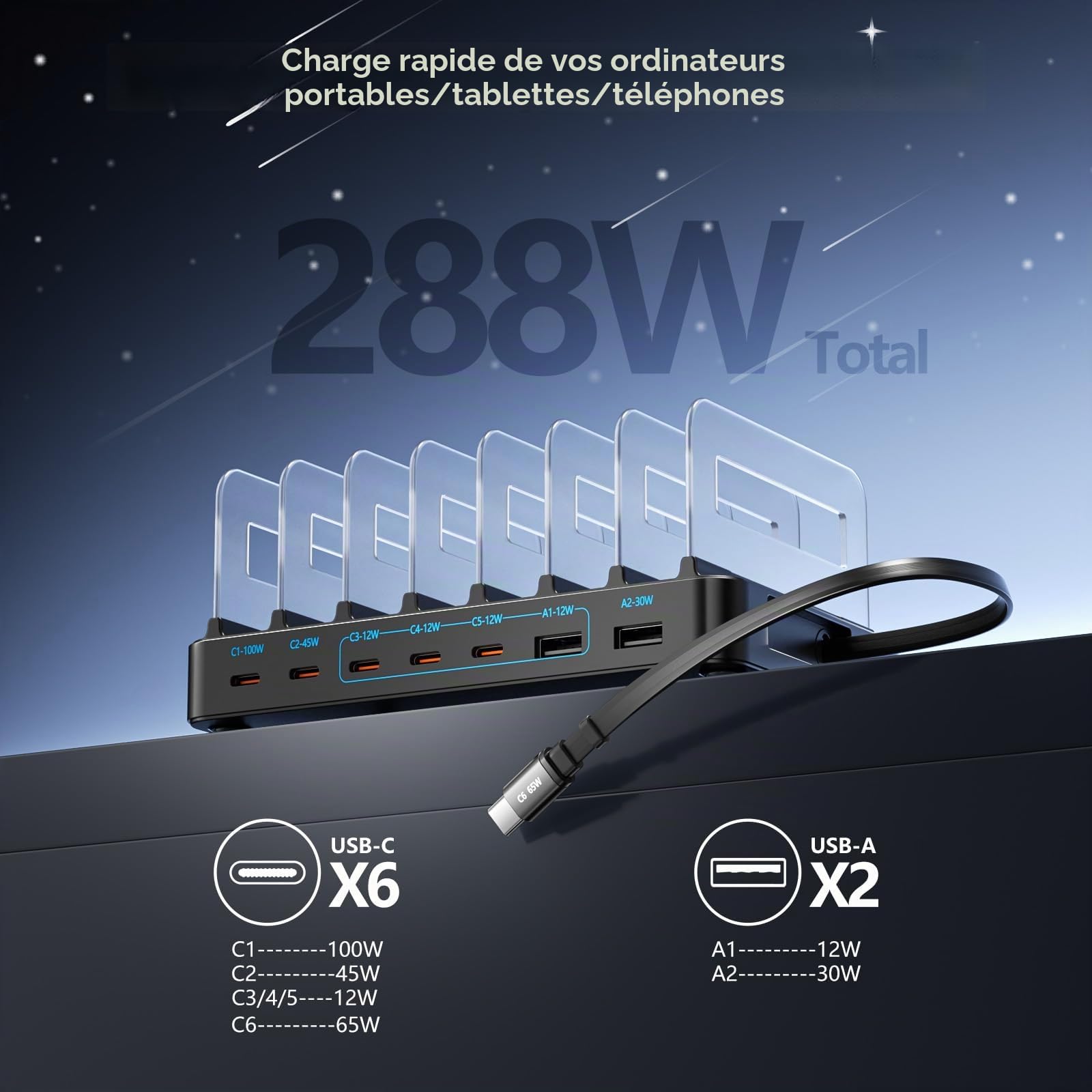 Station de Recharge USB 288W pour Plusieurs appareils, GaN PD 100W, 8 Ports USB-C, avec séparateurs réglables et 8 câbles, pour iPhone, iPad, Samsung, MacBook Pro/Air, Tablettes
