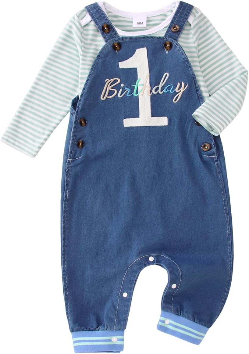 Baby Boy Girl First Birthday Outfit Long Sleeve Stripe Romper One Year Old Overalls 1st Birthday Pants Clothes Set