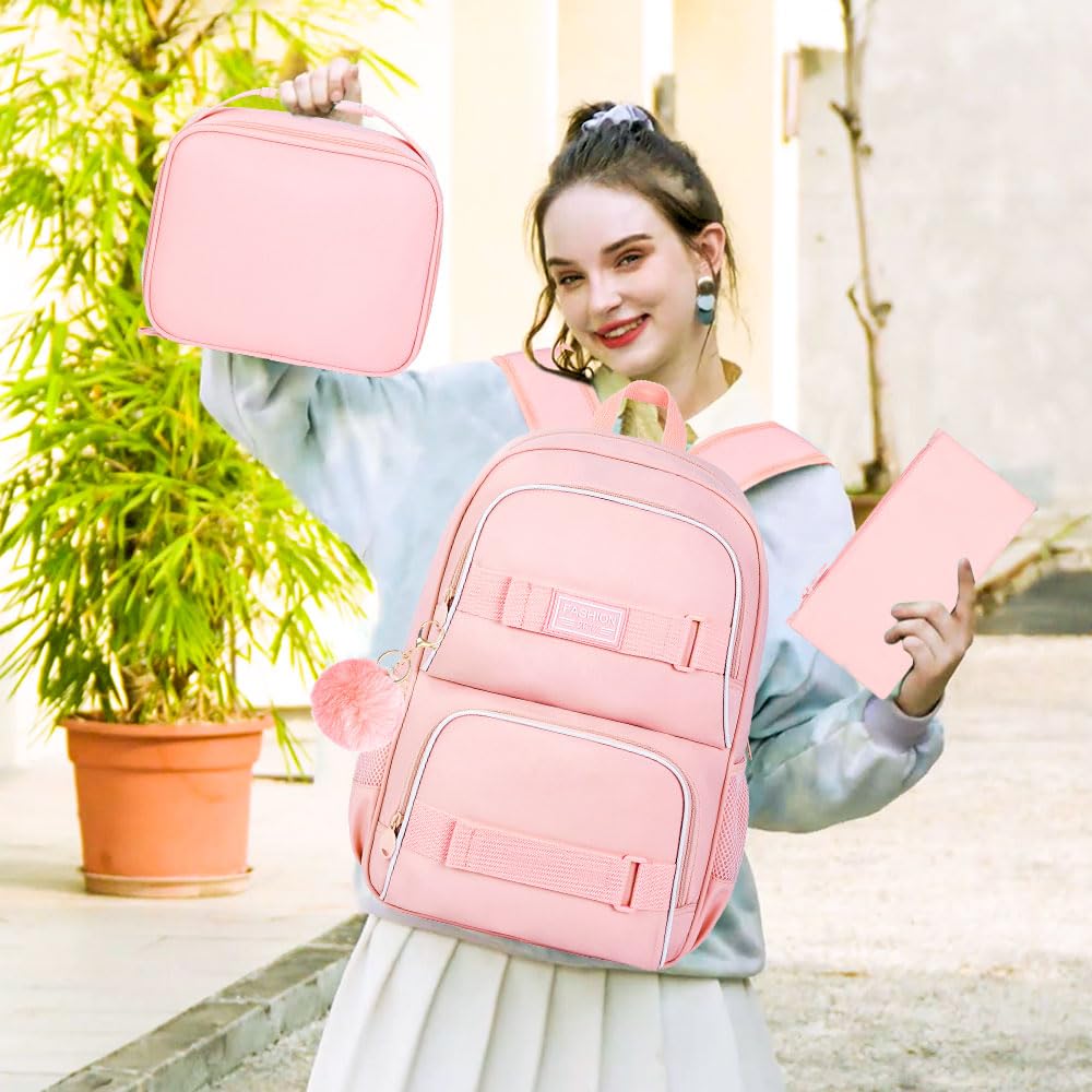 3 zaini per computer portatile, 40,6 cm, per scuola, università, per adolescenti, ragazze, donne, studenti, zaini resistenti all'acqua con borsa per il pranzo (rosa), rosa classico, 43 cm, zaini da