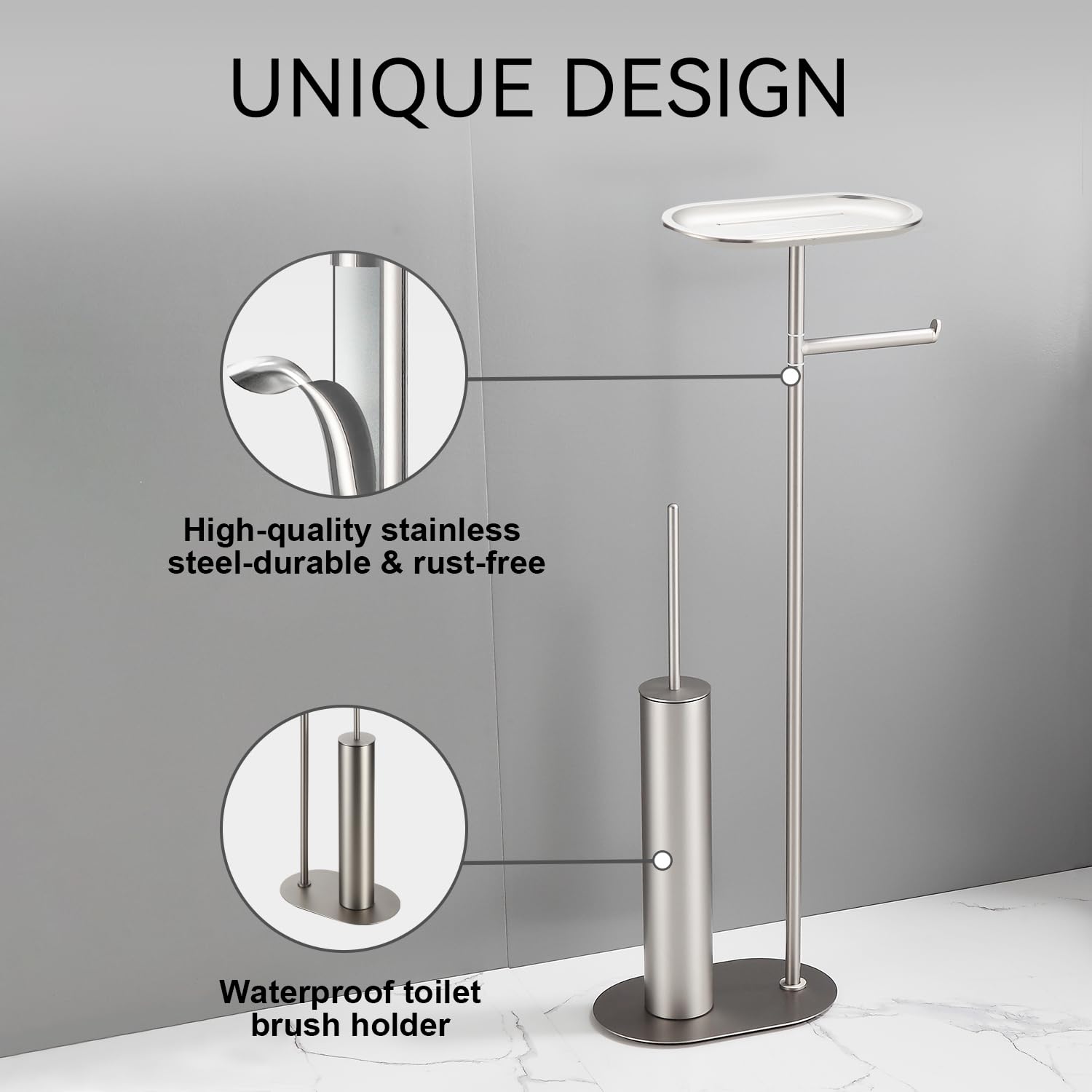 BGL Set di scopino per WC autoportante in acciaio inox spazzolato e nichel spazzolato, con porta carta igienica, set 3 in 1 con ripiano, design moderno