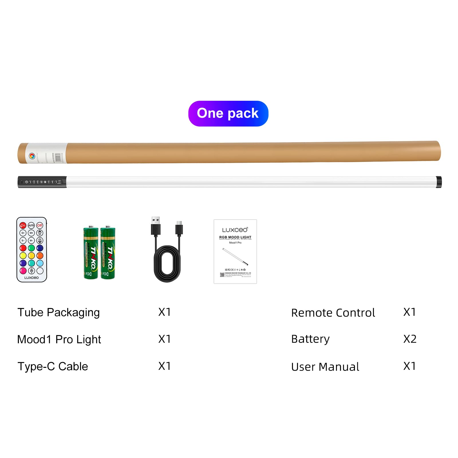 Lampe vidéo LED Portable, bâton Lumineux de Photographie LUXCEO Mood1, intensité Variable et mémoire, Batterie intégrée 2000 mAh, Lampe Photo RVB pour Youtube, TikTok, Jeu en Streaming (85 cm)