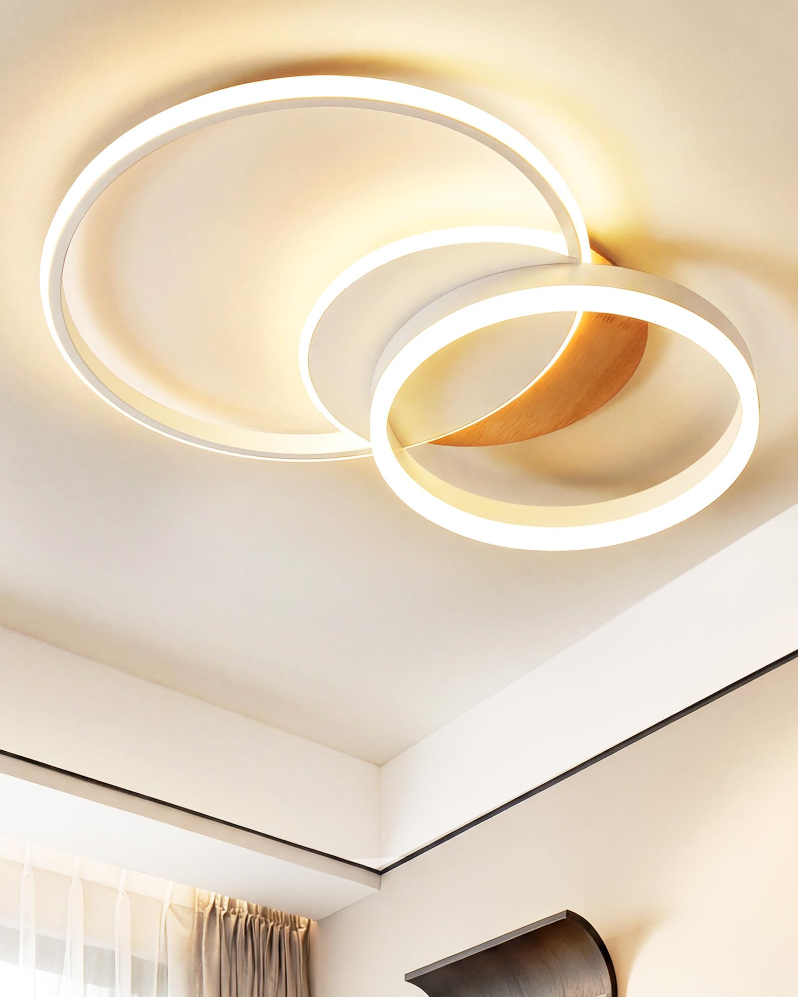 LED Deckenleuchte Dimmbar 3000K-6000K mit Fernbedienung, 32W 3600lm Flache Deckenlampe in Holz-Design mit 2 Ringen, 45,5*40*8 cm Moderne Lampe für Schlafzimmer, Wohnzimmer, Küche, Flur und Büro