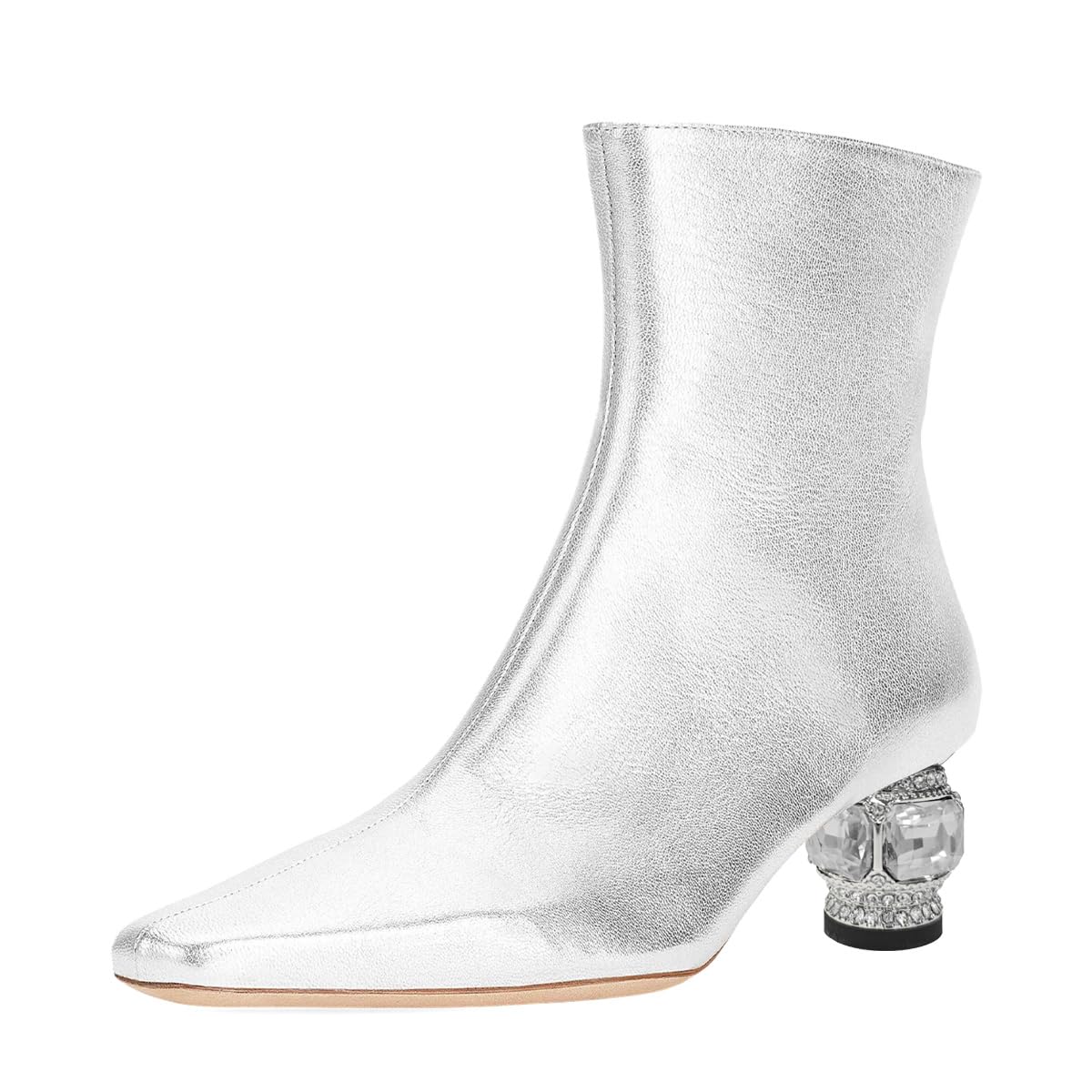XYD Women Gorgeous Low Chunky Crystal Heel Ankle Boots Closed Square Toe Short Bootie Side Zip Party Ballroom