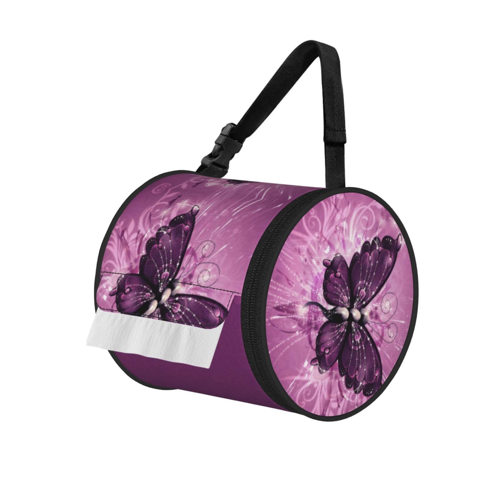 Pink Butterfly Print Hanging Toilet Paper Holder Camping Paper Towel Holder Portable Car Roll Paper Storage Bag With Adjustable Strap Suitable For Bathroom,Kitchen