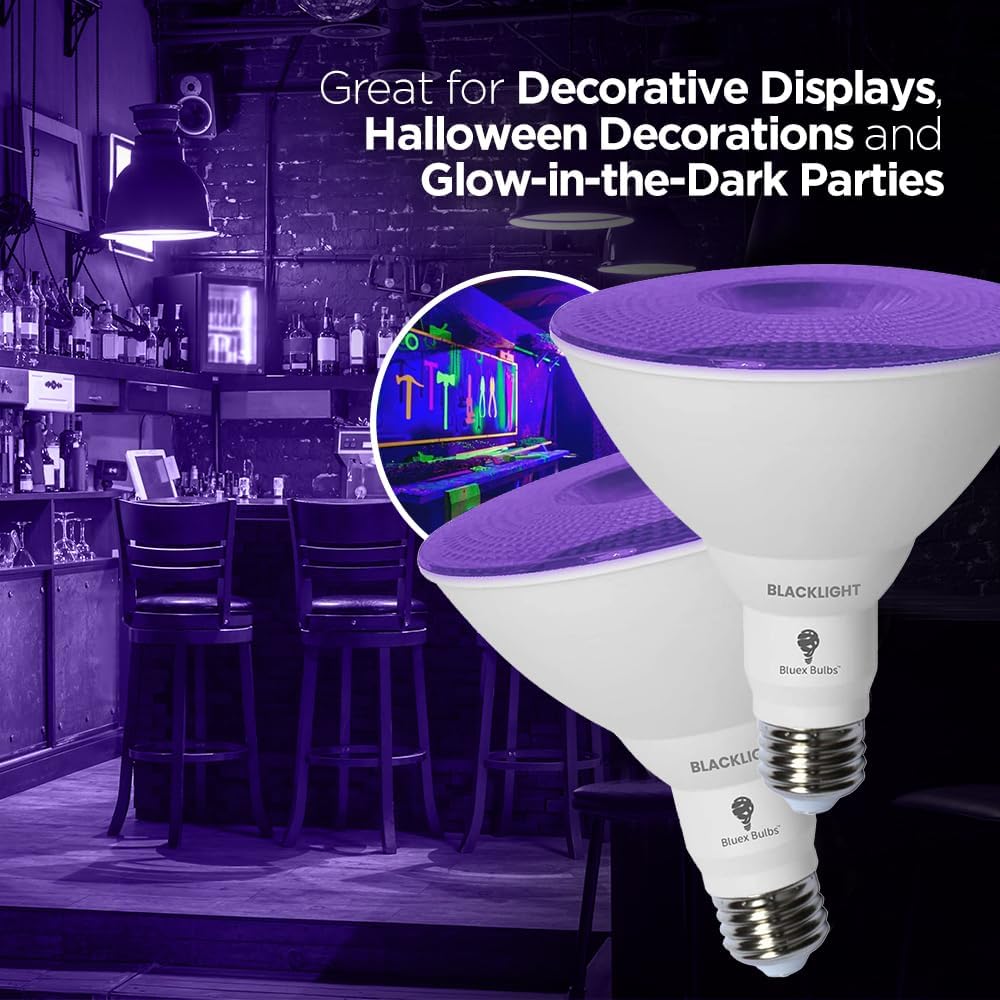 Bluex Bulbs 4 Pack PAR38 LED Black Light Bulb, 20W (200Watt Equivalent) E26 Blacklight Bulb Level 385-400nm, Body Paint, Glow in The Dark Party LED Light Bulb Neon Glow Fluorescent Poster