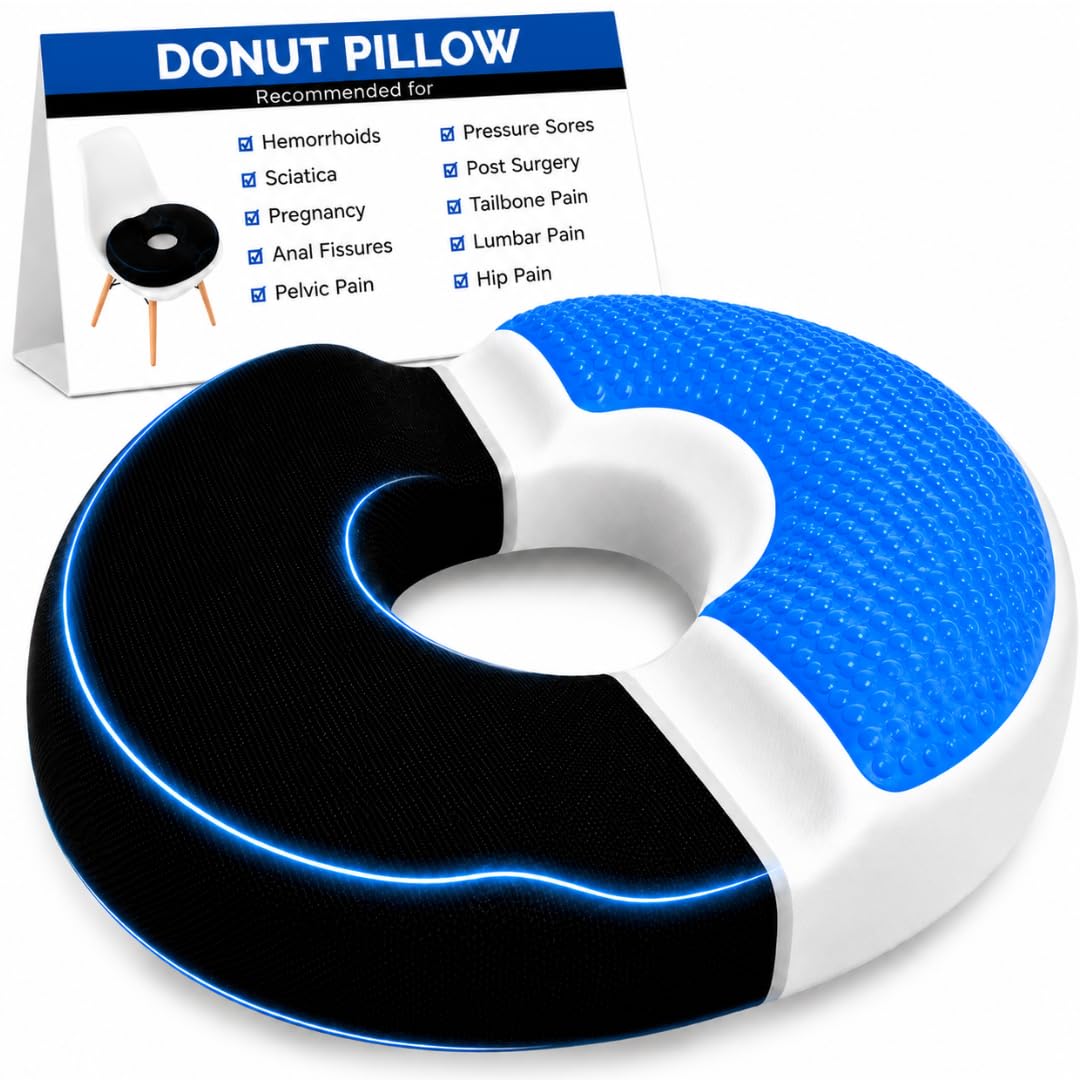 Anbocare Black Donut Gel Sitting Pillow - Orthopedic Memory Foam For Tailbone Pain, Hemorrhoid, Bed Sores, Postpartum, Prostate, Coccyx & Sciatica Pain