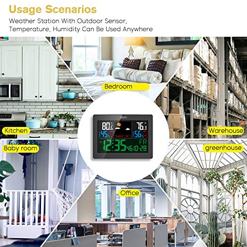 Weather Station Wireless Indoor Outdoor Weather Instruments with Color LCD Screen Thermometer and Moisture Alarm Clock Temperature and Humidity Monitoring for Home and Office