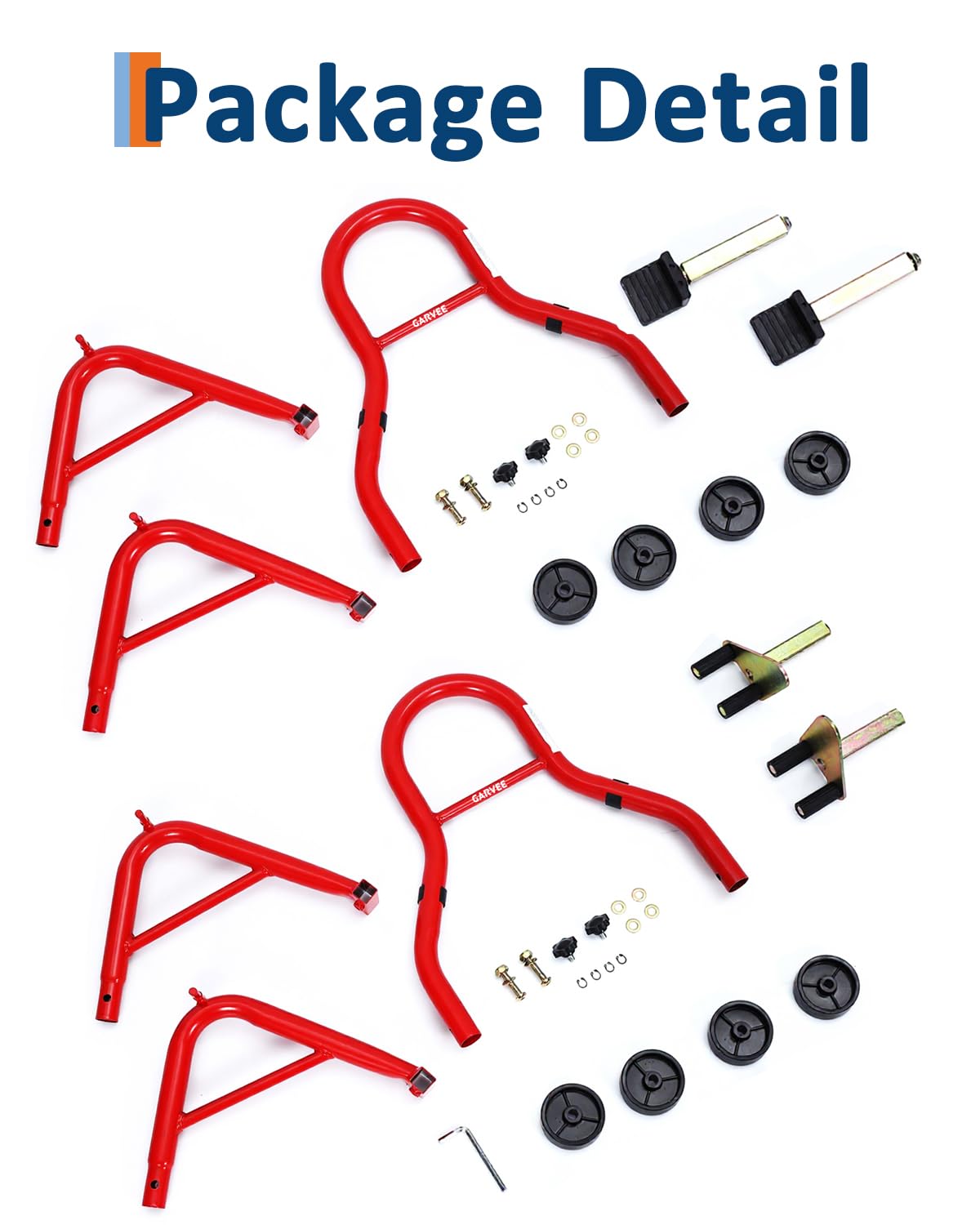 Garvee Supporti per moto anteriori e posteriori, set di sollevamento ruote anteriori e posteriori da 408,2 kg con adattatori a pin + bobina per braccio oscillante regolabile a L, supporti universali