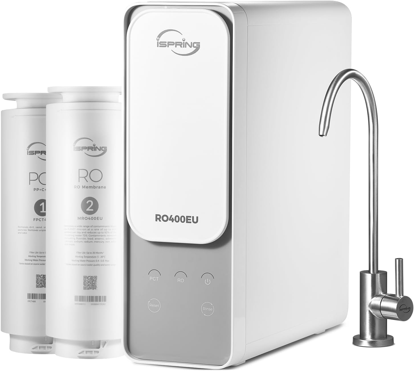 iSpring RO400 Reverse Osmosis System, Tankless Water Filtration System, 400 GPD Fast Flow Under Sink RO System with Brushed Nickel Faucet, 2.5:1 Pure to Drain Ratio, TDS Reduction, White