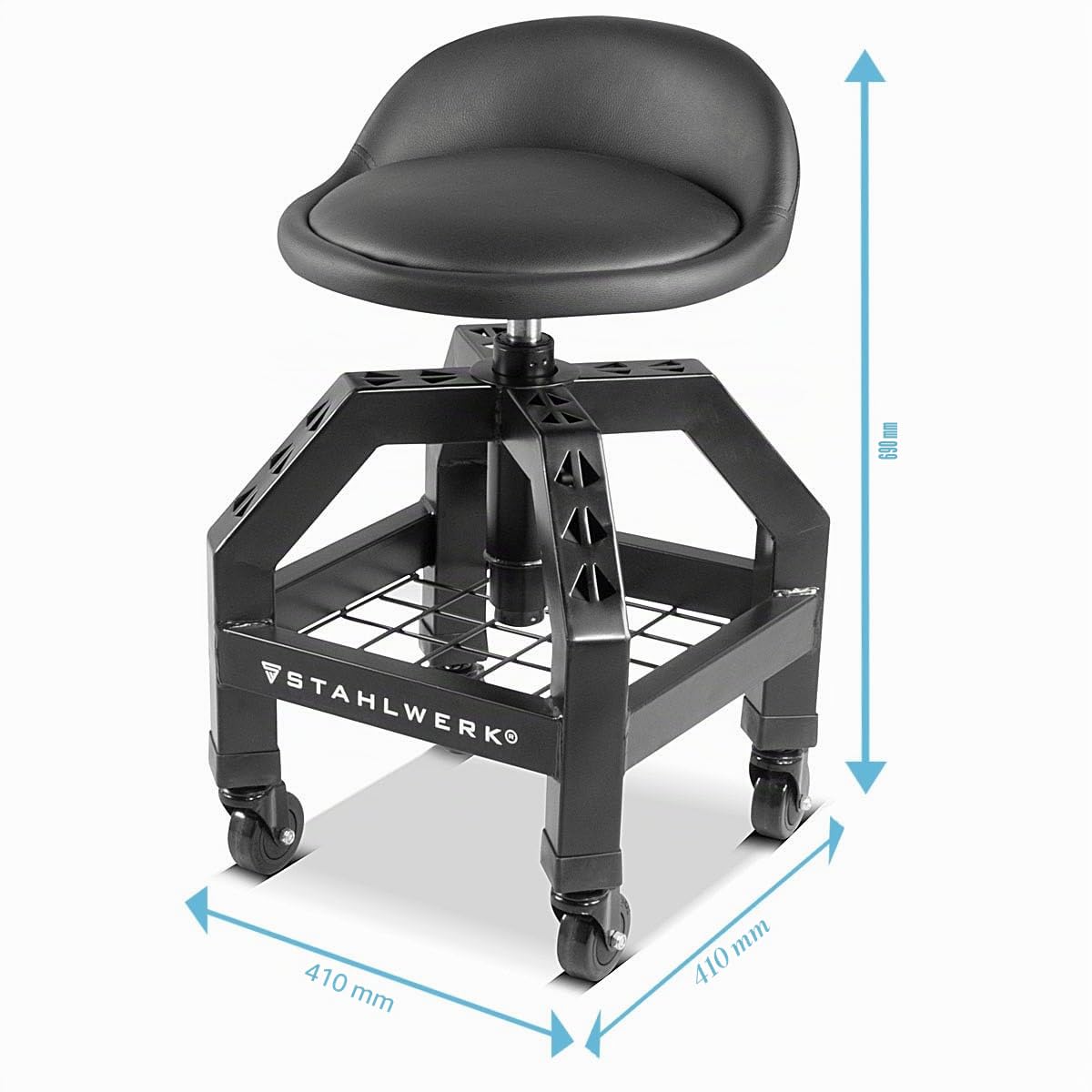 STAHLWERK Tabouret d'atelier réglable en Hauteur VWH-300 St avec Grand Compartiment de Rangement, Charge maximale 136 kg, Hauteur d'assise 59-76 cm, siège à roulettes/Tabouret à roulettes