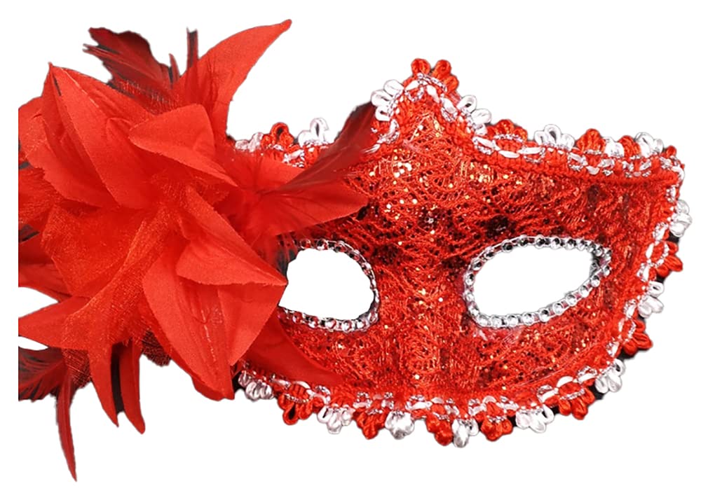AZYOUNG Women’s Side Flower Multicolor Lace Covered Half Face Crown Masquerade Mask (Red)