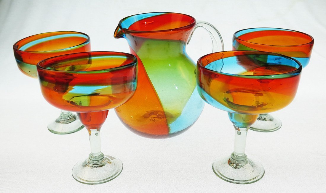 Mexican Margarita Glasses and Pitcher, Hand Blown, Rainbow Colors 18 Oz,Set of 5