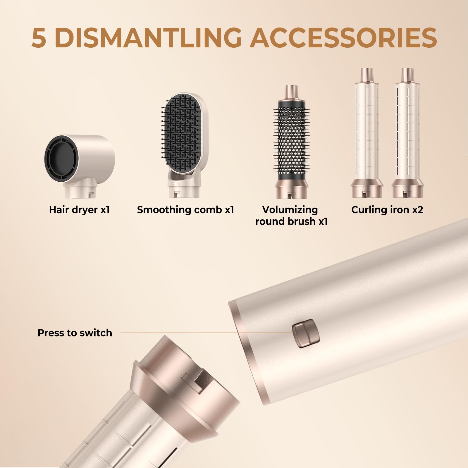 Hair Styler Air Brush 5 en 1 Airbrush 5 en 1 Air Styleravec Seche Cheveux, Brosse Soufflante, Fer a Boucler, Thermal Brush, Brosse Lissante Seche Cheveux 5 en 1 pour Sécher, Boucler, Lisser