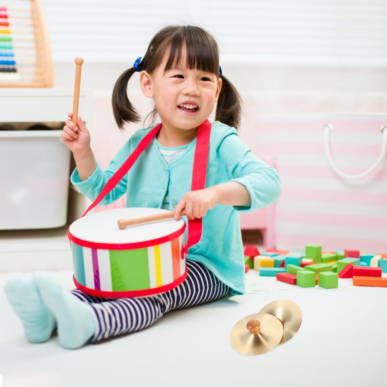 Vaguelly Finger Cymbals with Wooden Handles, 1 Pair Copper Band Cymbals, 9cm/3.5in Mini Marching Cymbals, Hand Cymbal Belly Dance, Orff Music Instrument for Child & Adult