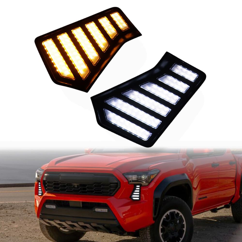 amopacorp 2pcs LED DRL Sequential Daytime Running Light Front Bumper Fog Lamp with Turn Signal Assembly Compatible with Toyota Tacoma 2024 2025 | White Switchback Amber | Black Housing Clear Lens