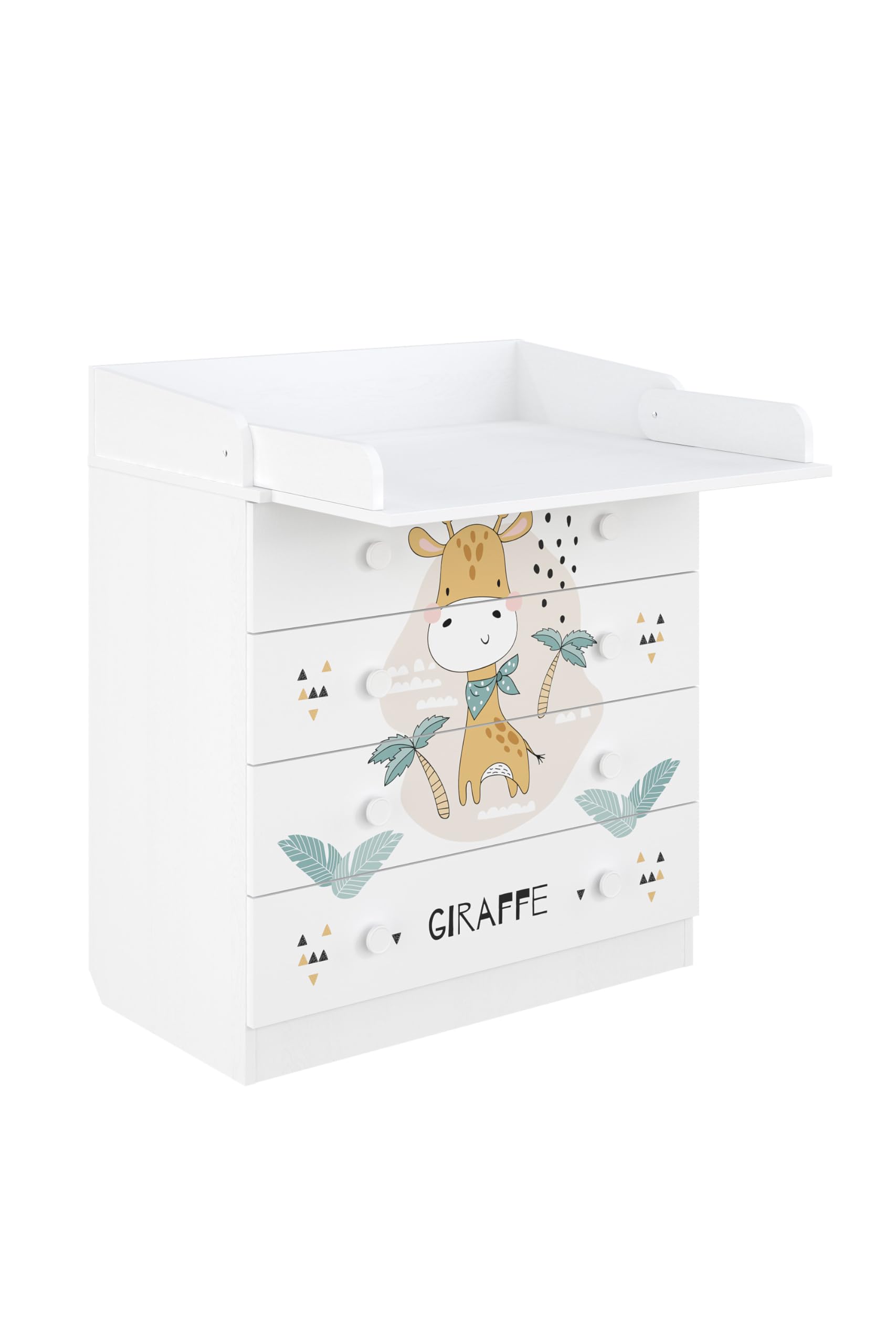 Shefa 800 Kids Baby Changing Table White Giraffe Chest of Drawers with 4 Drawers and Changing Unit