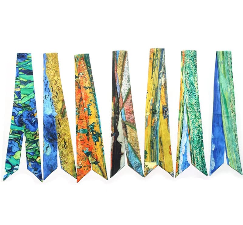 7Pcs Bag Handbag Scarf Handle Wrap Ribbon Scarf Purse Scarf for Women (Van Gogh series)